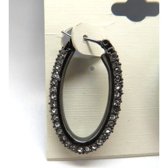 Lucky Brand Earrings Oval Crystal Encrusted Hoop Pierced Gunmetal Gray New - Picture 4 of 9